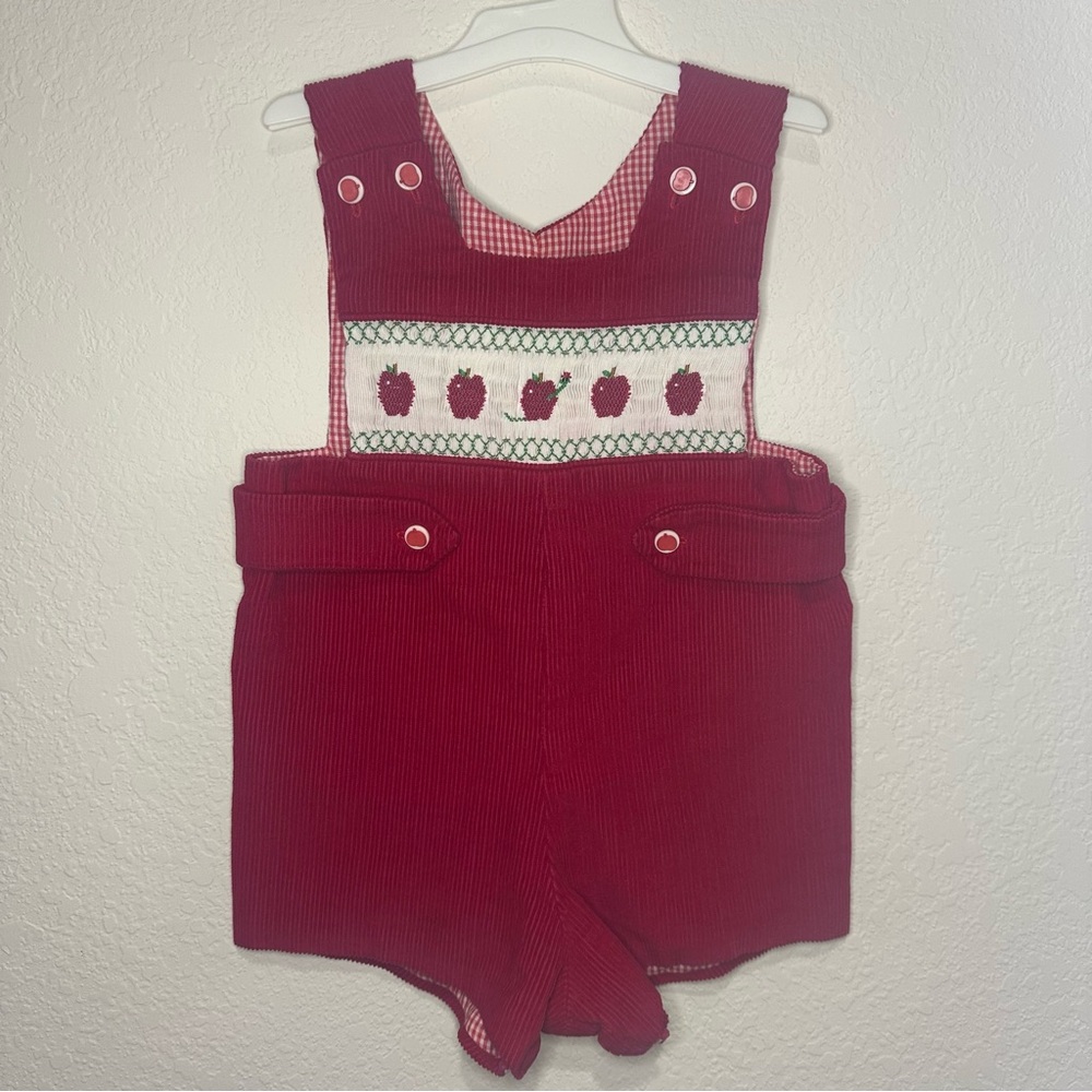 Vintage Toddler Corduroy Romper – Apple Smocked Overalls – Size 2T/3T